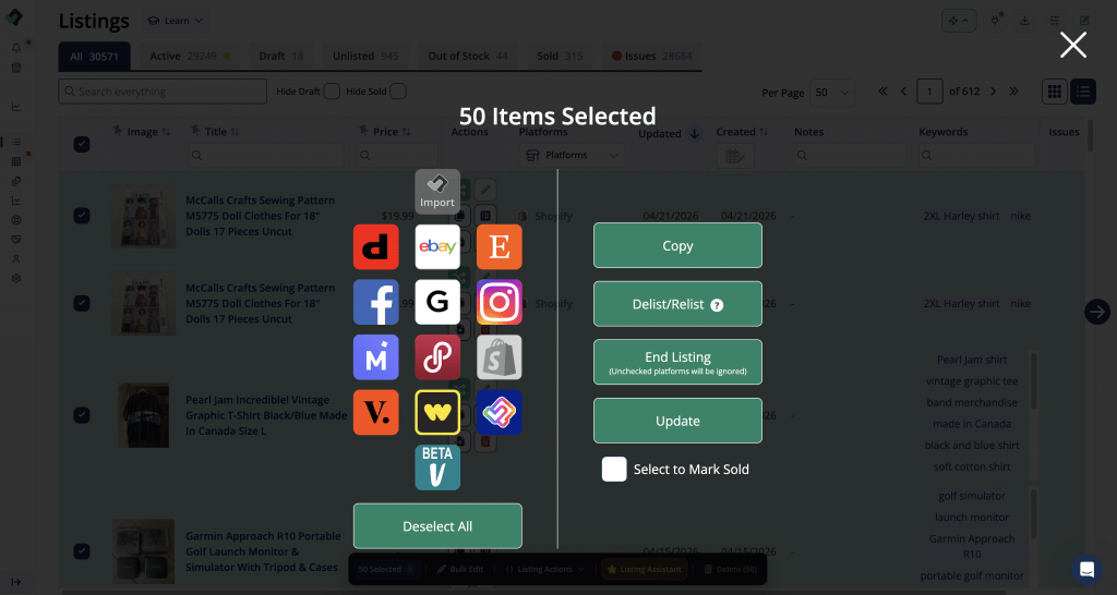 Bulk crosslist overlay with 50 items selected to crosslist to whatnot.